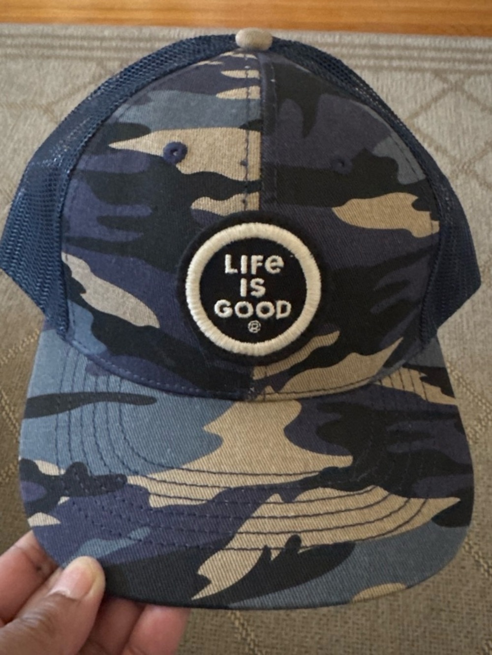 Life Is Good Navy and Tan Meshback Trucker Hat